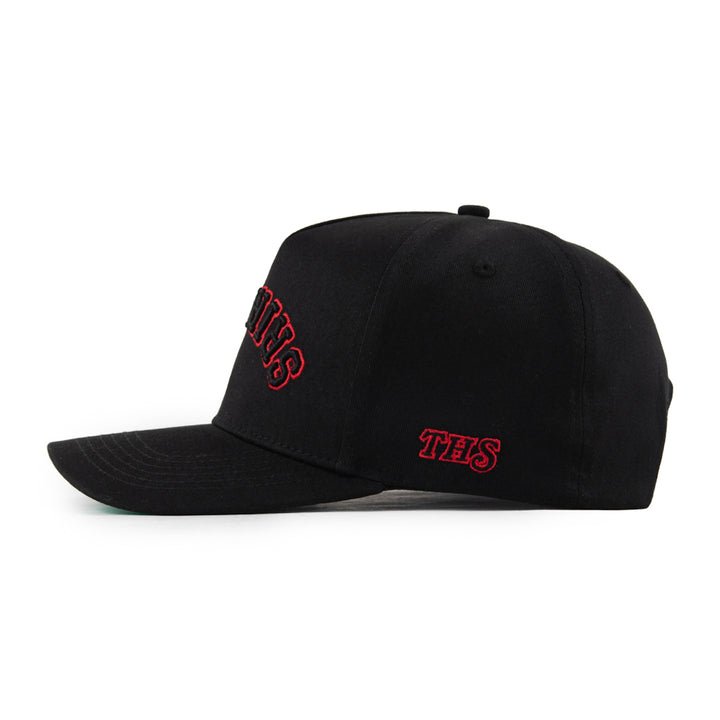 Sriracha Upside Down A-Frame Snapback Hat (Black) with THS logo on the side