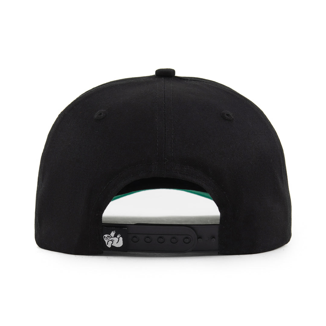 black snapback hat with the hungry sloth label on the back