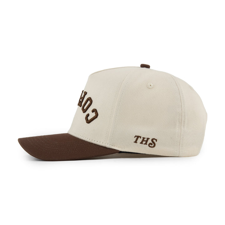 coffee upside down snapback hat with THS logo on the side