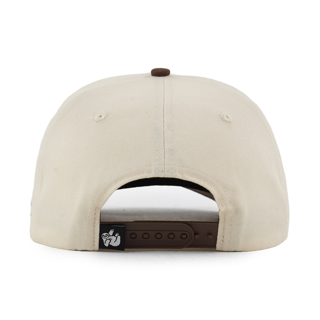 natural and brown snapback hat with the hungry sloth label on the back