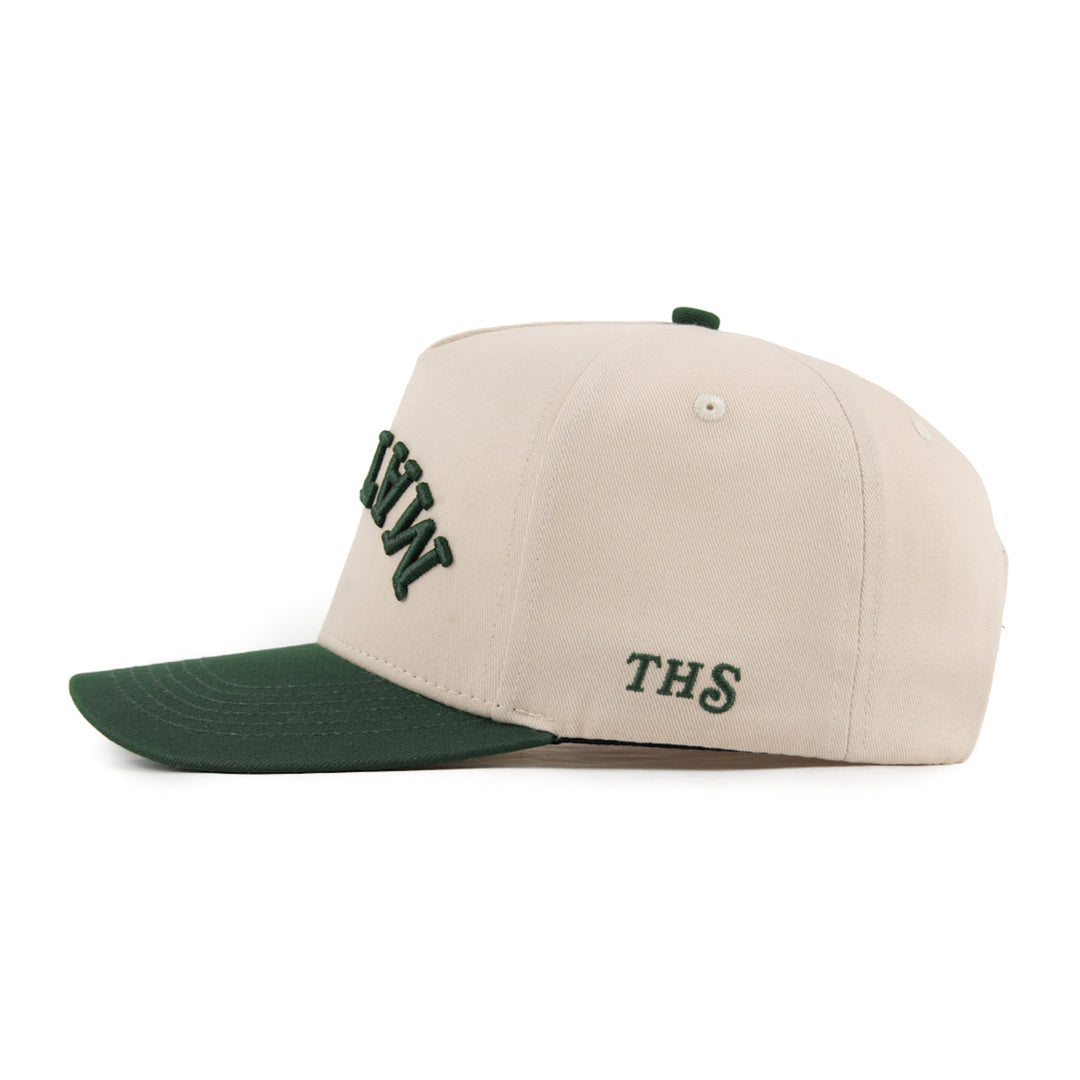 matcha upside down snapback hat with THS logo on the side