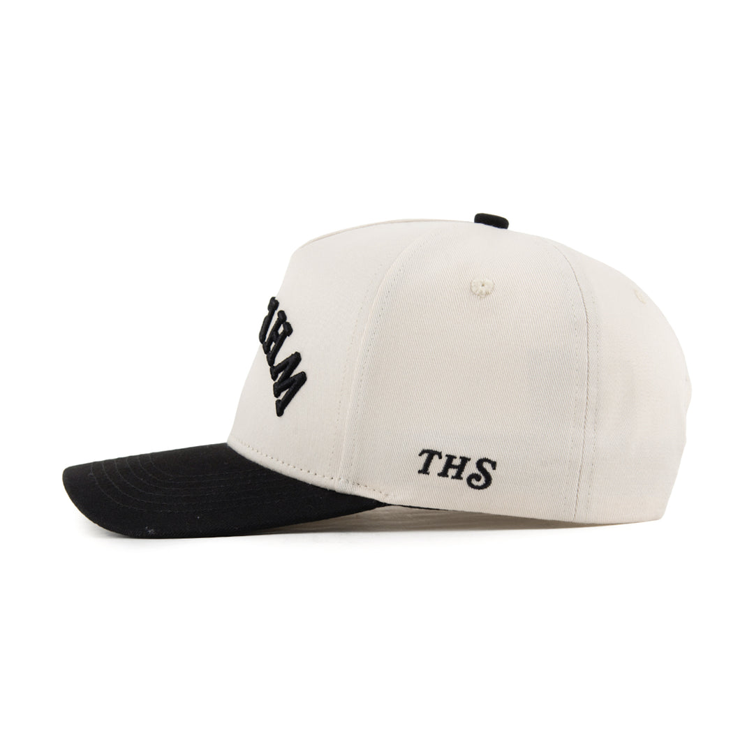 whiskey upside down snapback hat with THS logo on the side