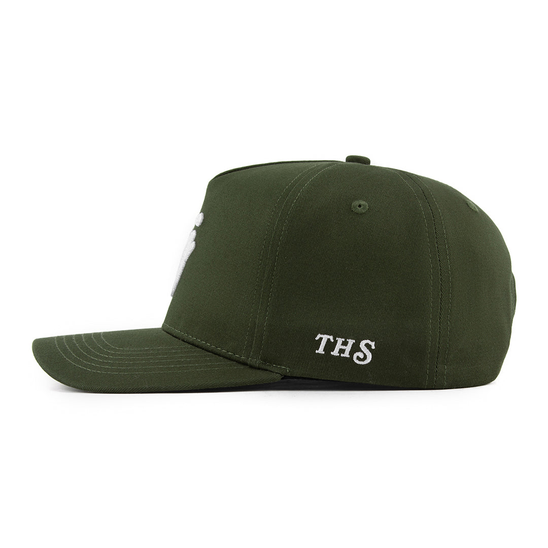 olive green snapback hat with THS logo on the side