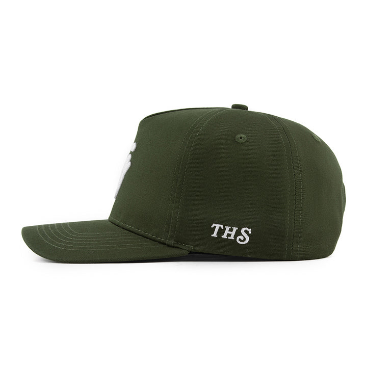 olive green snapback hat with THS logo on the side