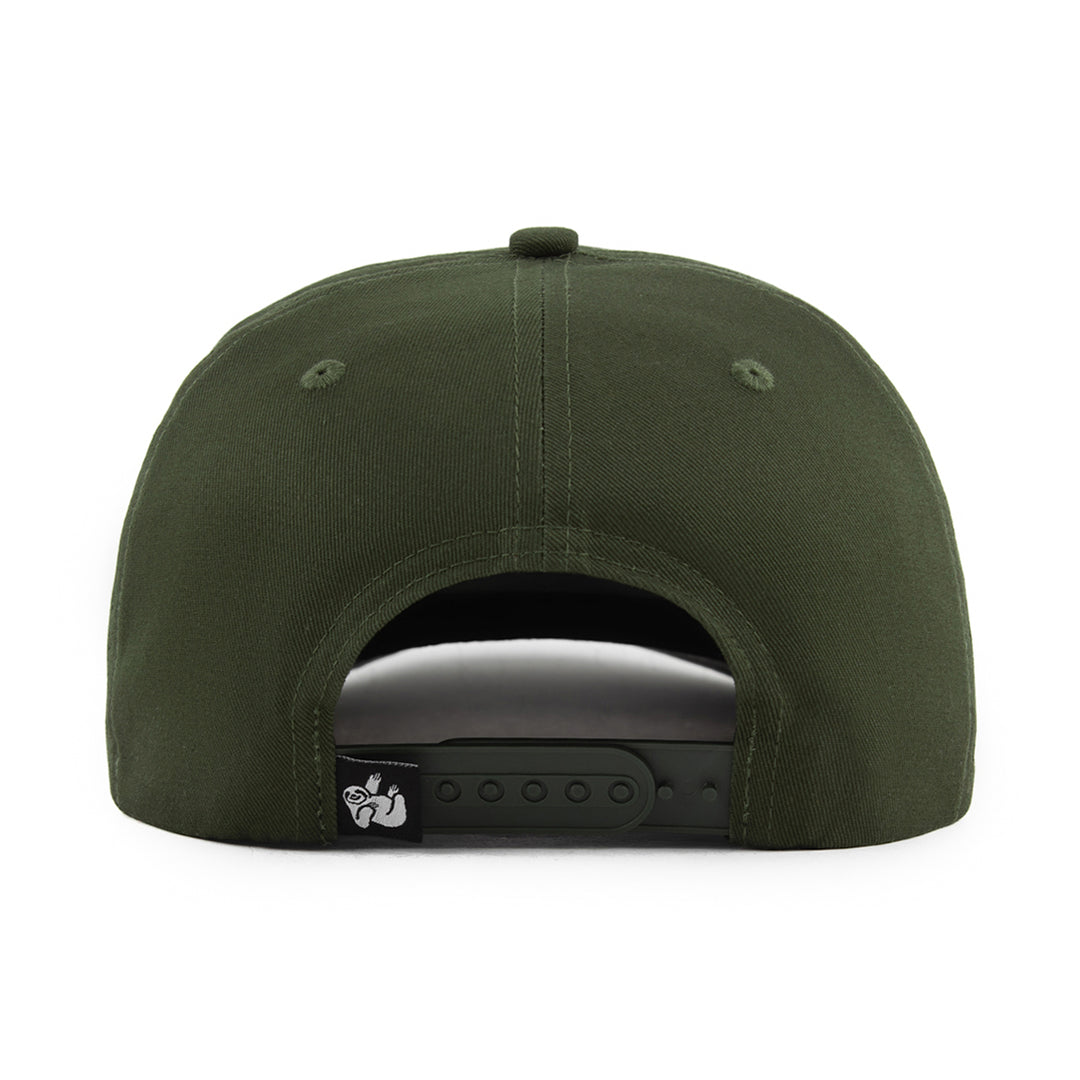 olive green snapback hat with the hungry sloth logo on the back