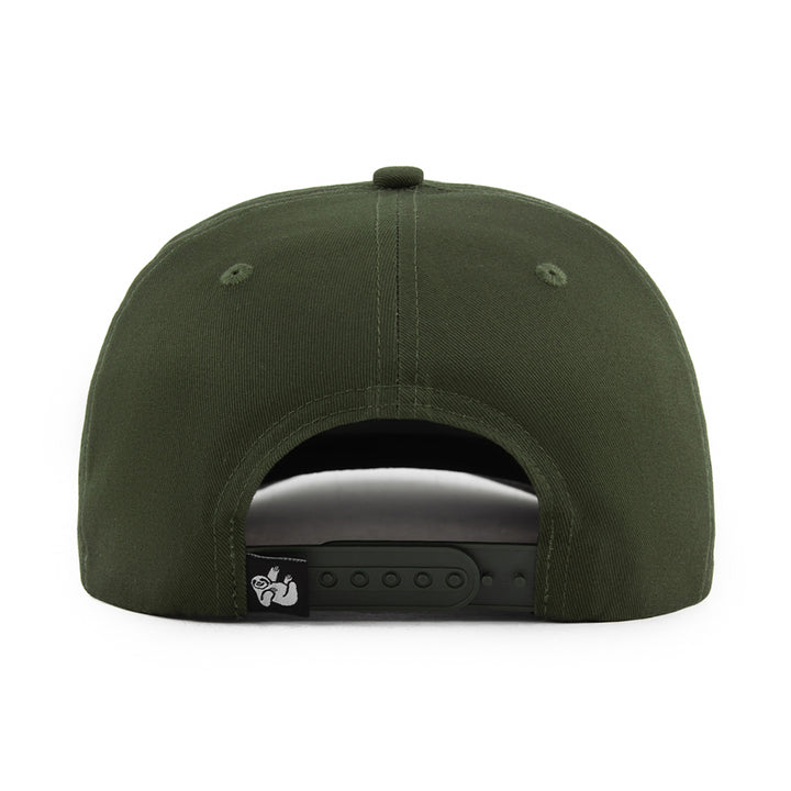 olive green snapback hat with the hungry sloth logo on the back
