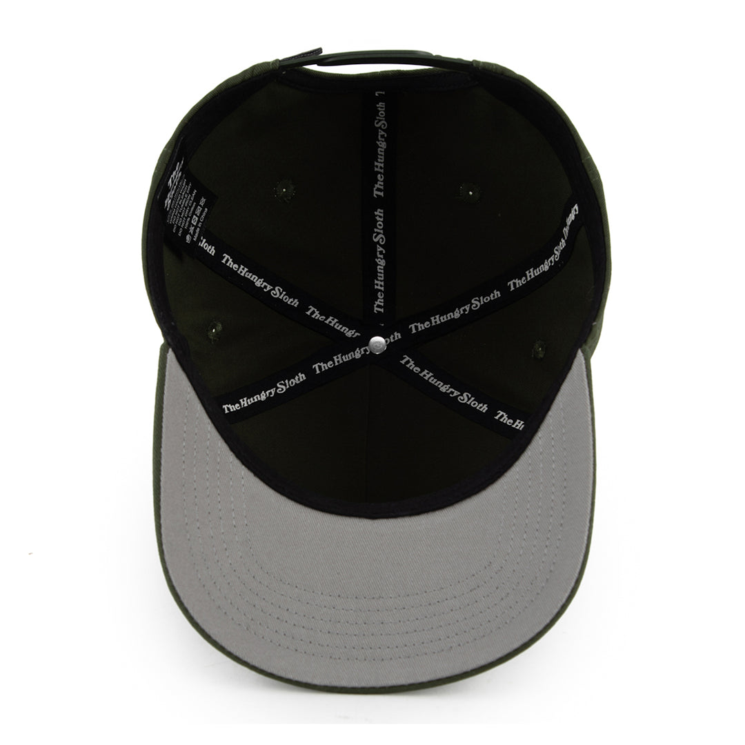 olive green snapback hat with grey undervisor and the hungry sloth branding underneath