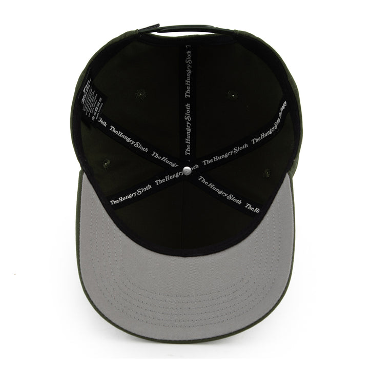 olive green snapback hat with grey undervisor and the hungry sloth branding underneath
