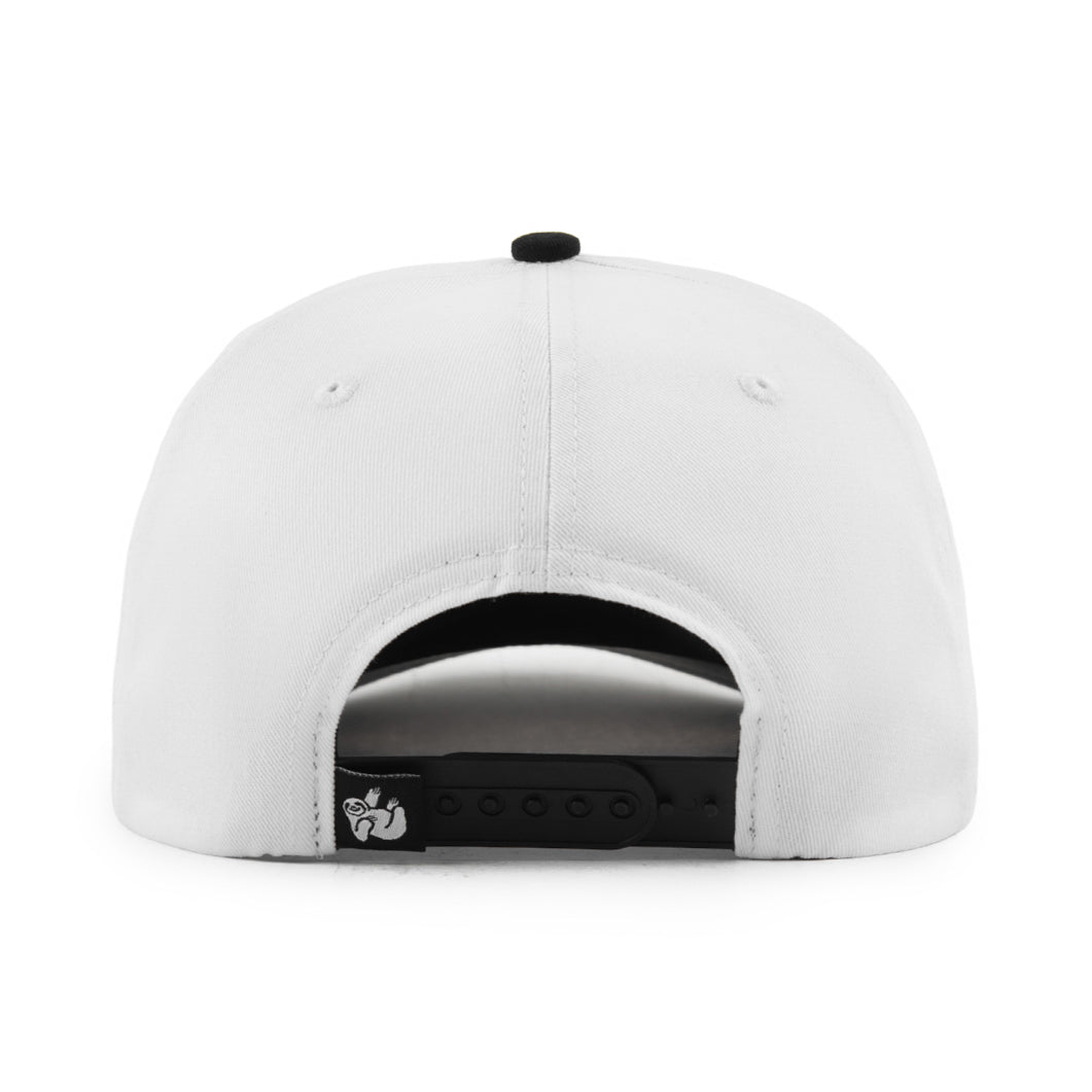white snapback hat with the hungry sloth label on the back