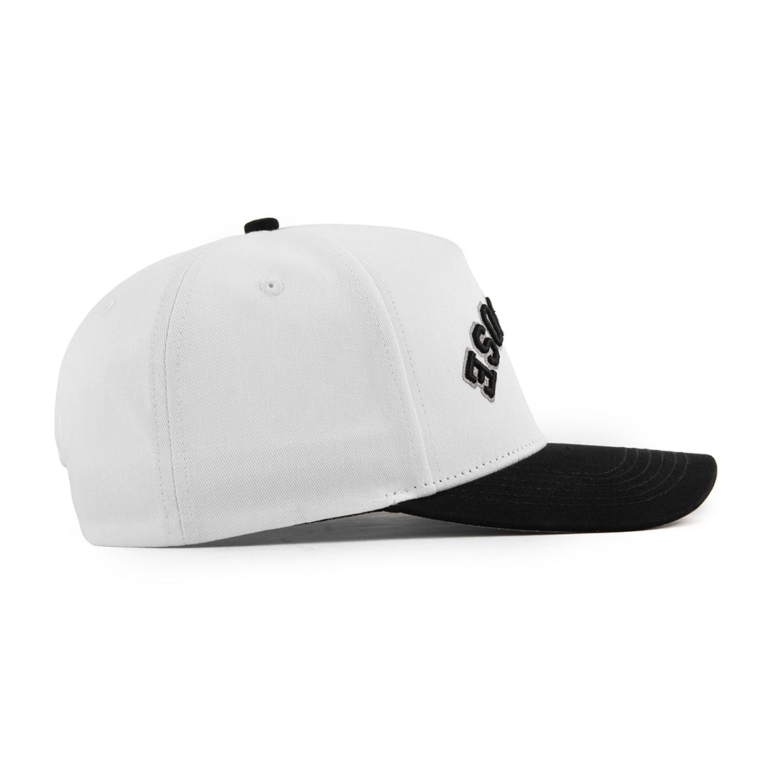white and black snapback hat from the side angle