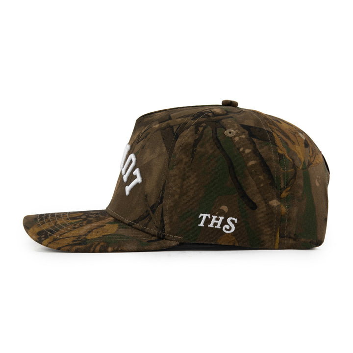 lumpia upside down snapback hat tree camo with THS logo from the side angle