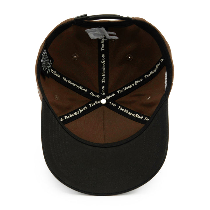 brown snapback hat with the hungry sloth branding underneath