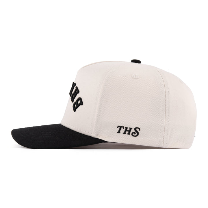 brisket upside down snapback hat with THS logo on the side