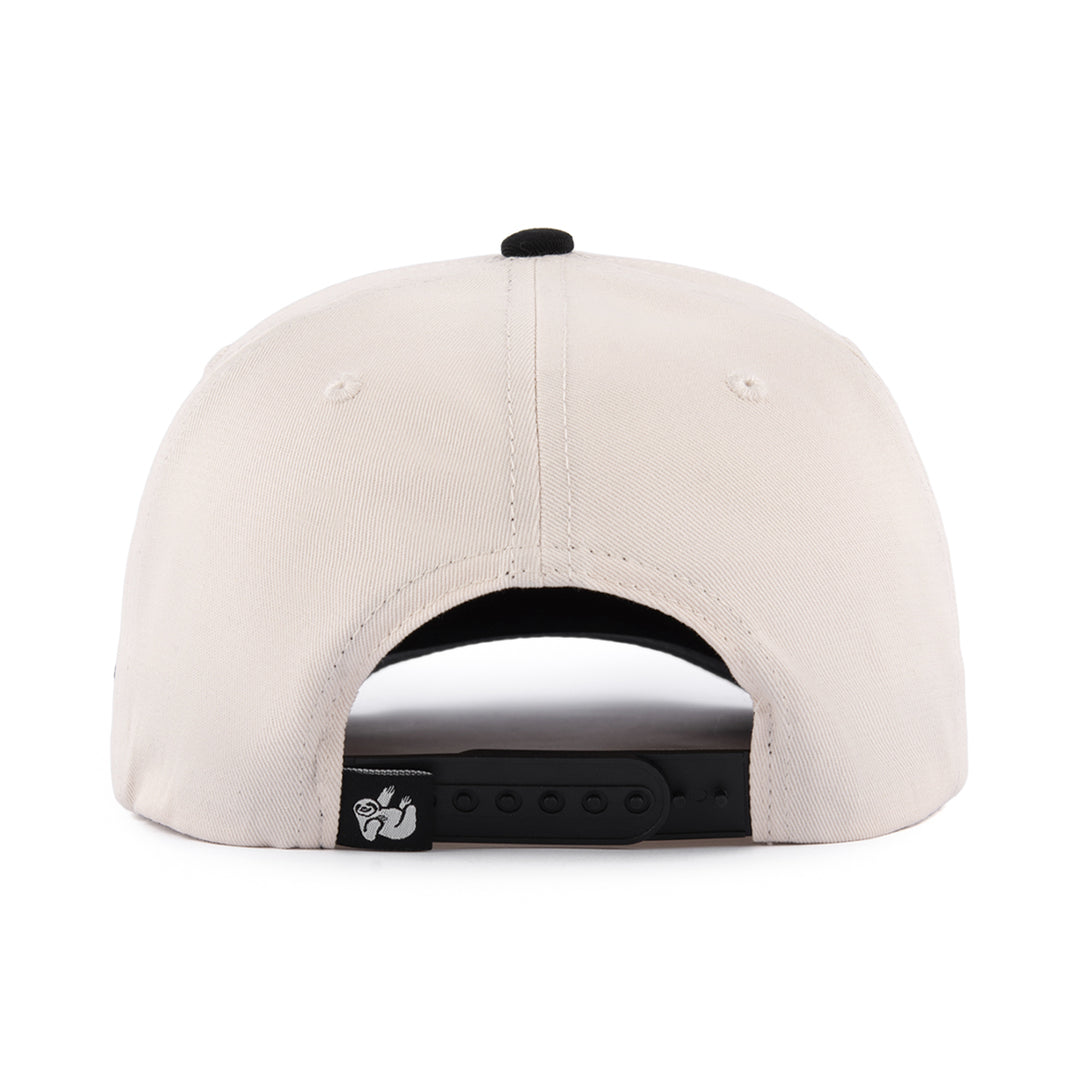 off-white snapback hat with the hungry sloth label on the back