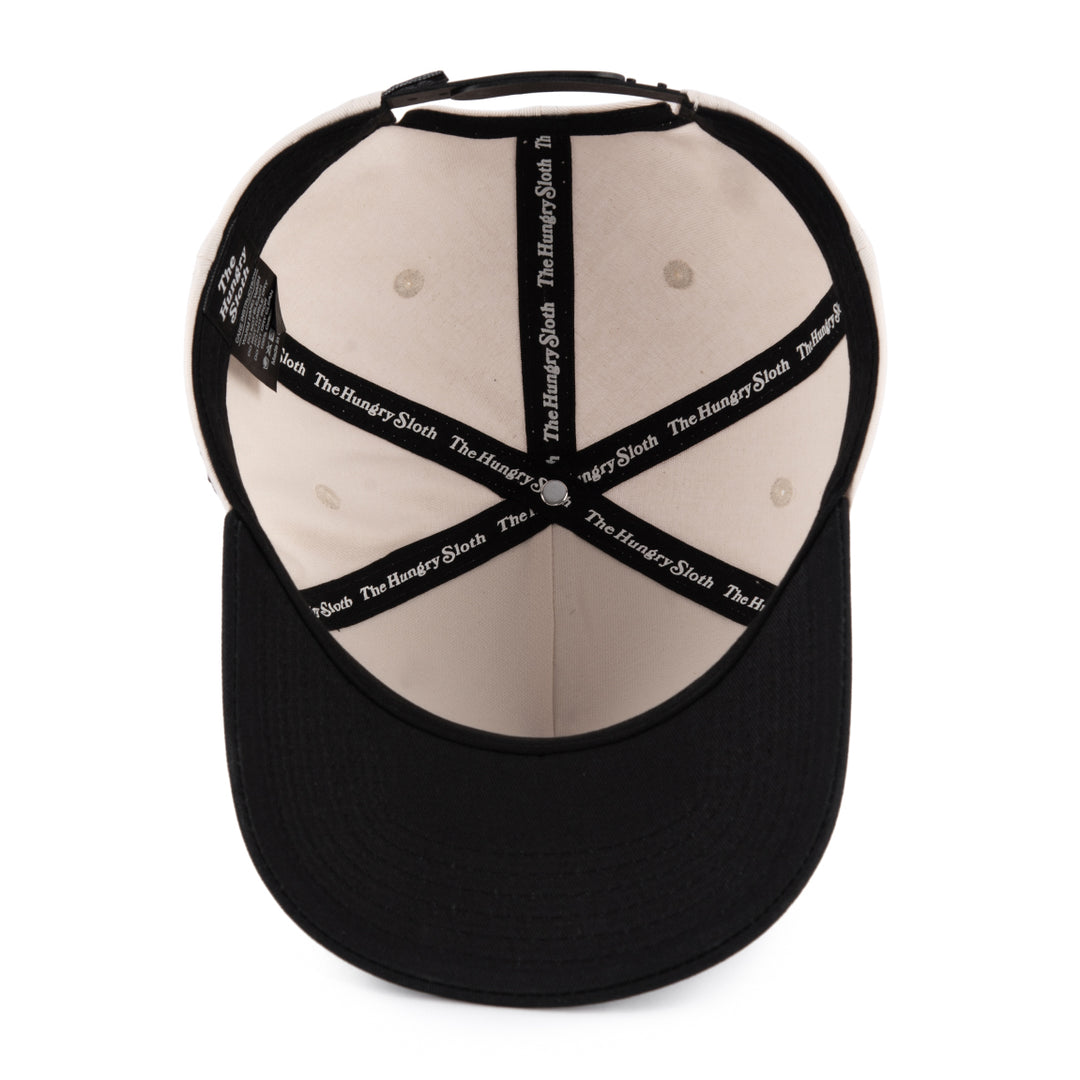 off-white and black snapback hat with the hungry sloth branding underneath