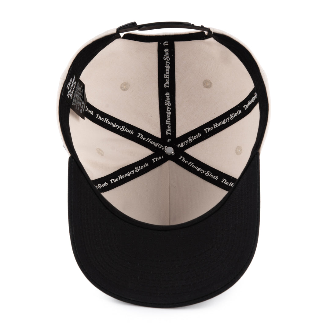 off-white snapback hat with the hungry sloth branding underneath