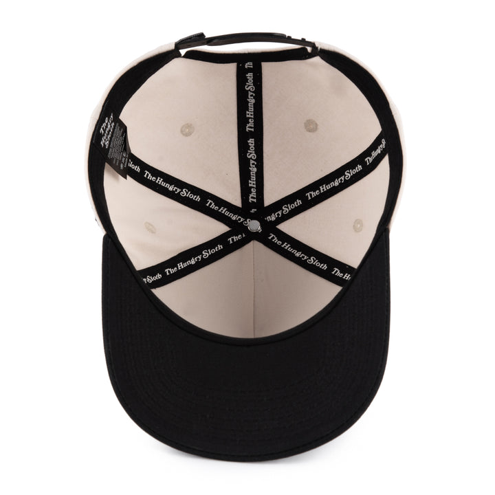 off-white snapback hat with the hungry sloth branding underneath