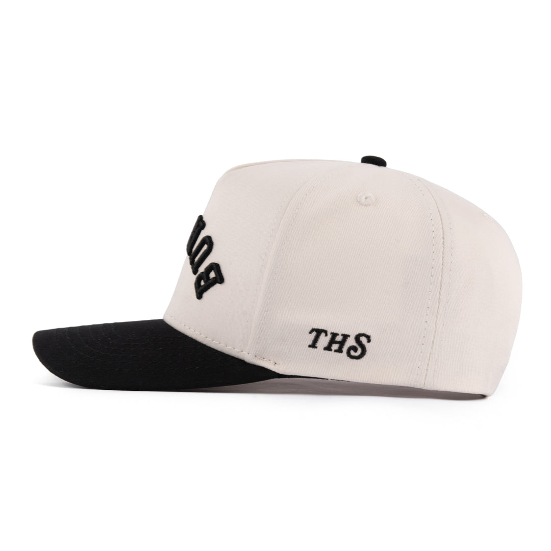 burgers upside down snapback hat with the THS logo on the side