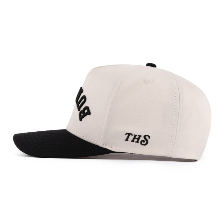 burgers upside down snapback hat with the THS logo on the side
