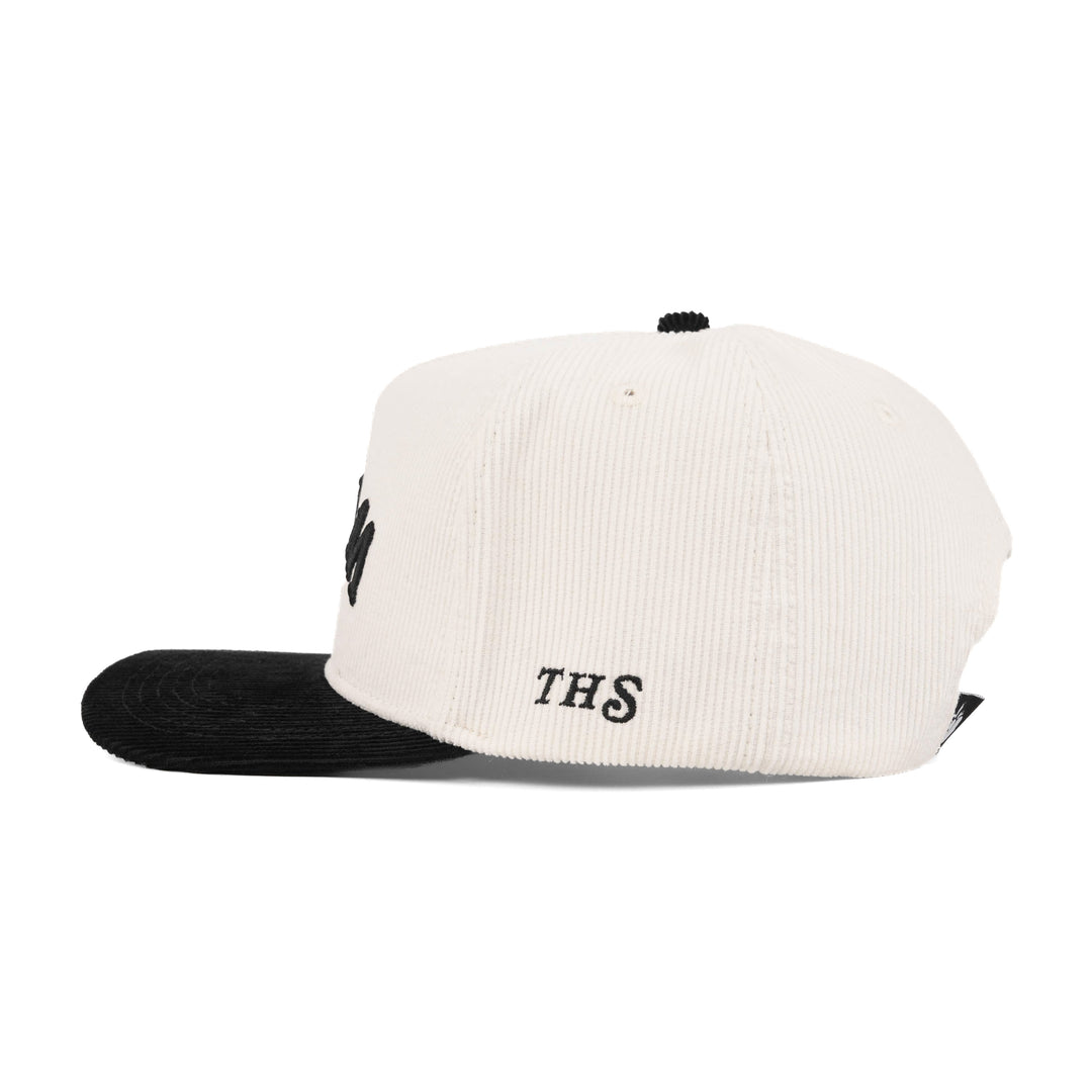 wine upside down snapback hat corduroy with THS logo on the side