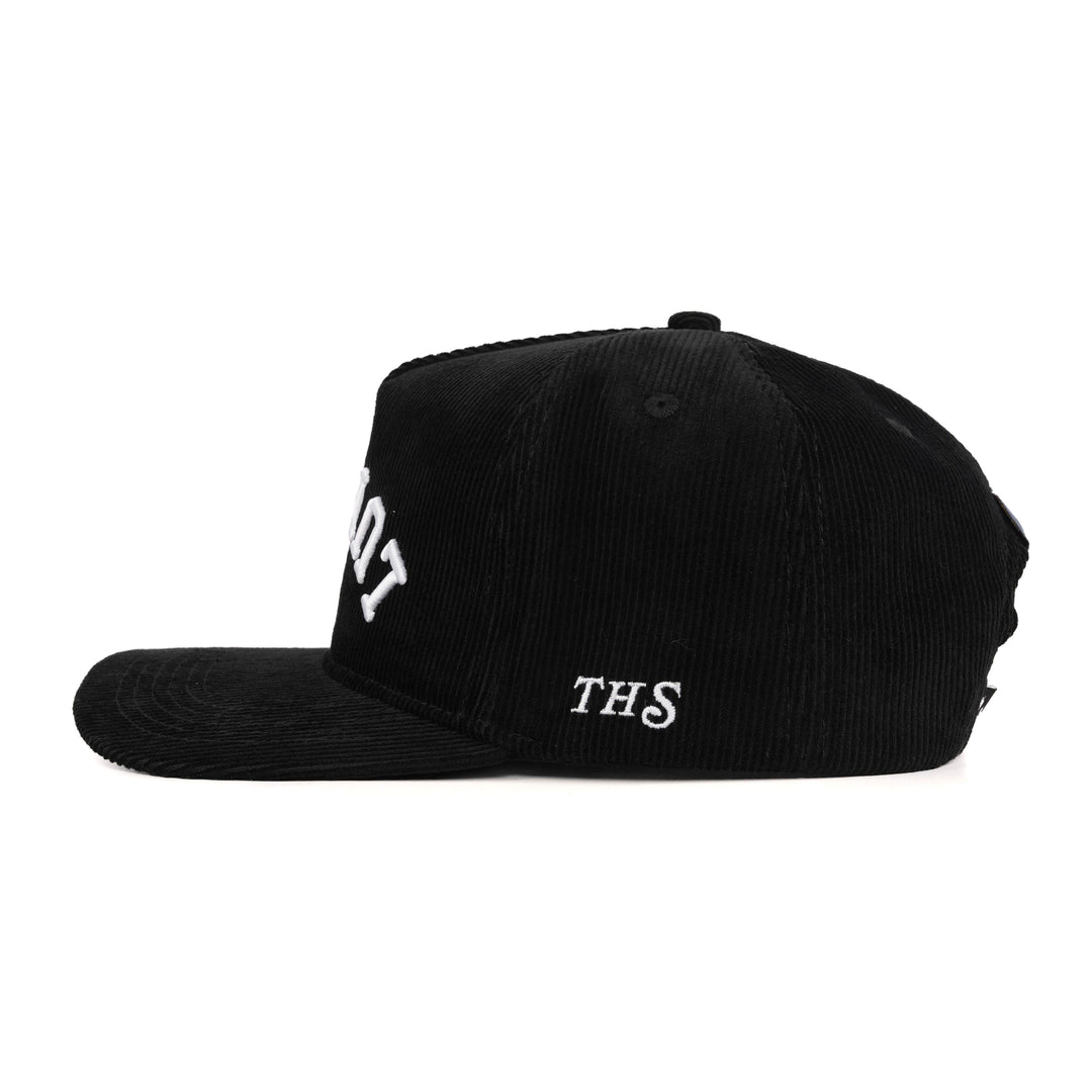 lumpia upside down snapback hat black corduroy with THS logo on the side