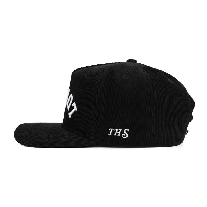 lumpia upside down snapback hat black corduroy with THS logo on the side