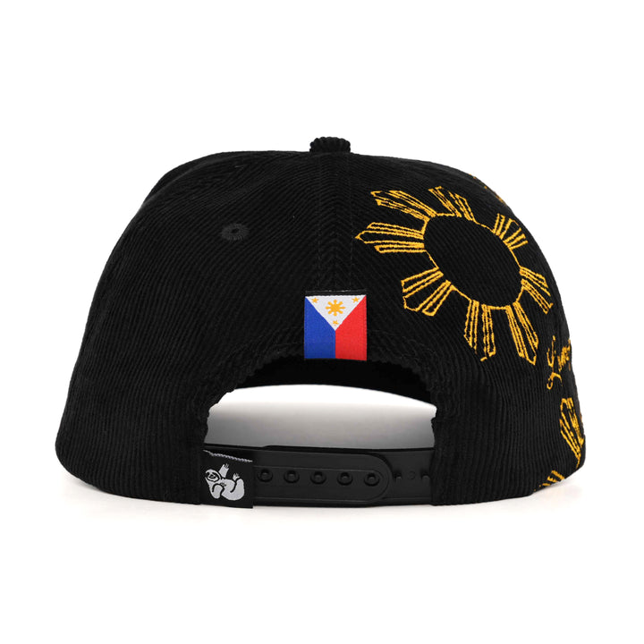 black corduroy snapback hat with philippines flag label and sun with eight  rays side patch