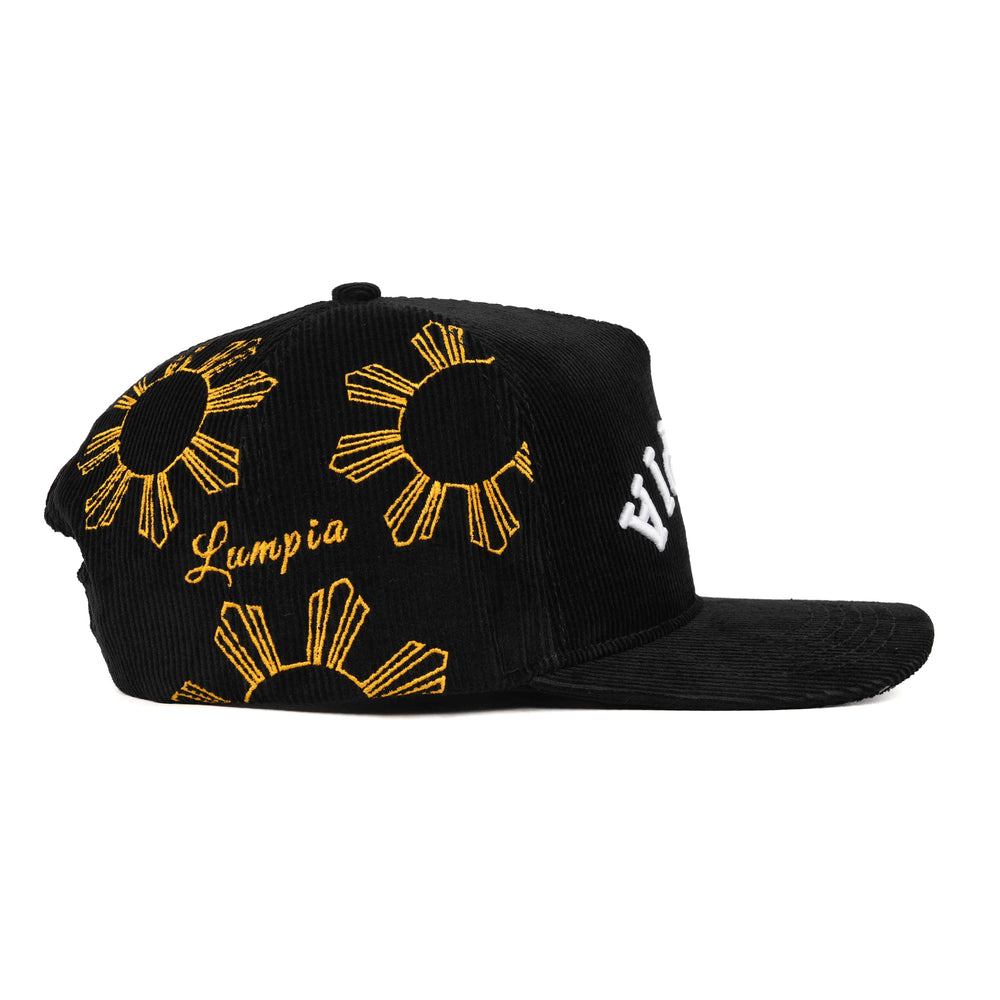 lumpia upside down snapback hat black corduroy with embroidered sun with eight rays side patch