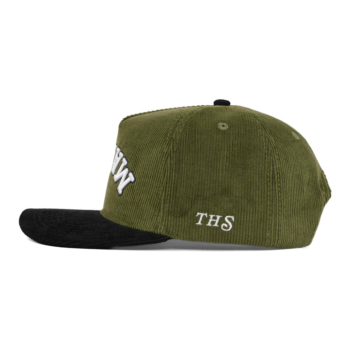 matcha upside down snapback hat corduroy with THS logo on the side