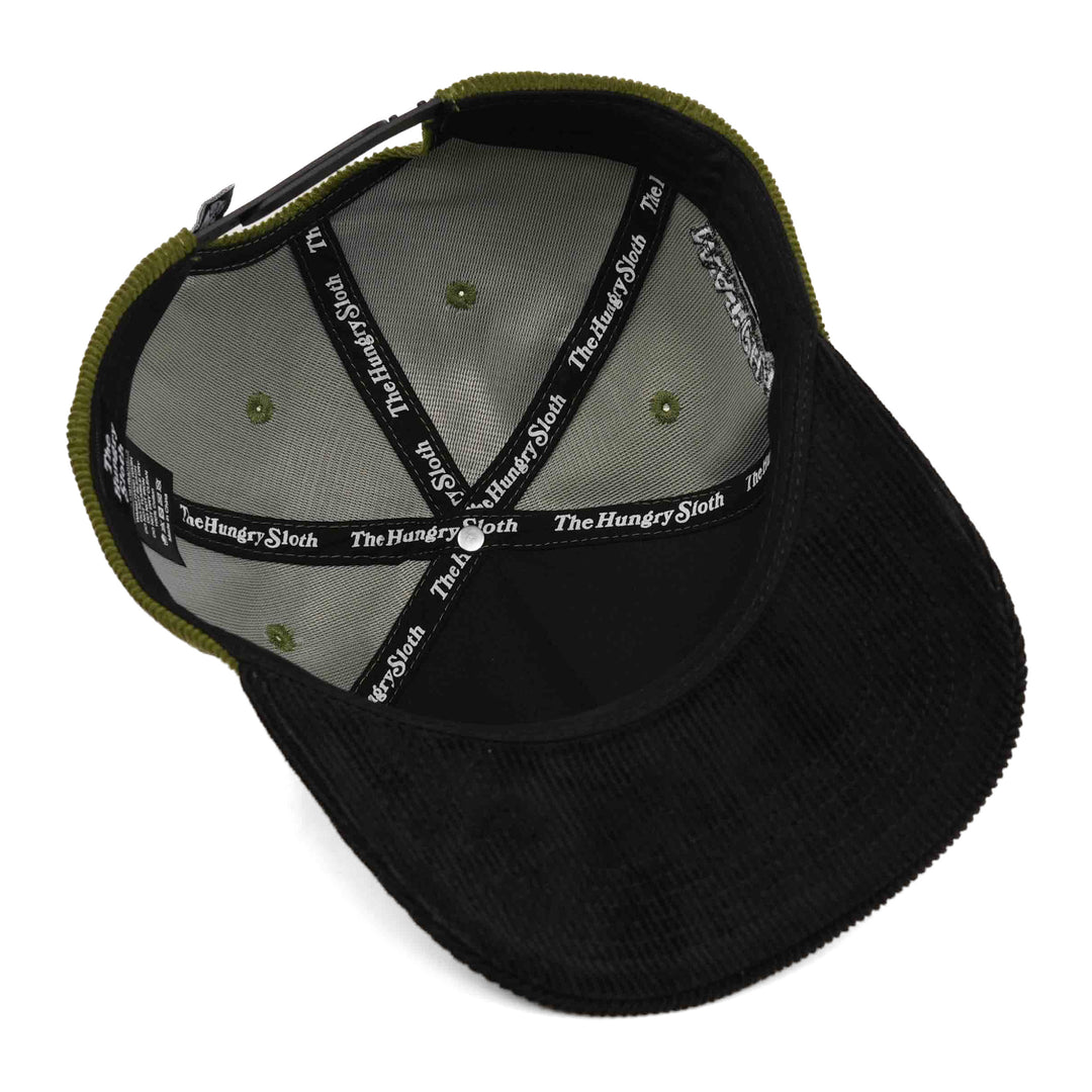 green and black corduroy snapback hat with the hungry sloth branding underneath