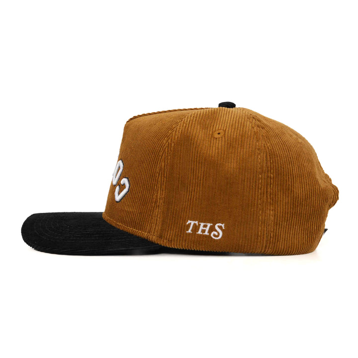 coffee upside down snapback hat corduroy with THS logo on the side
