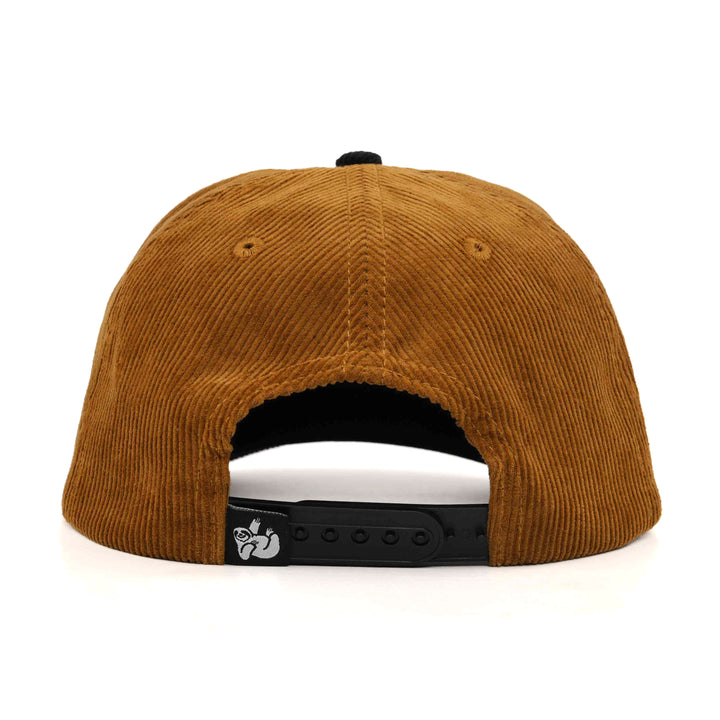 light brown corduroy snapback hat from the back