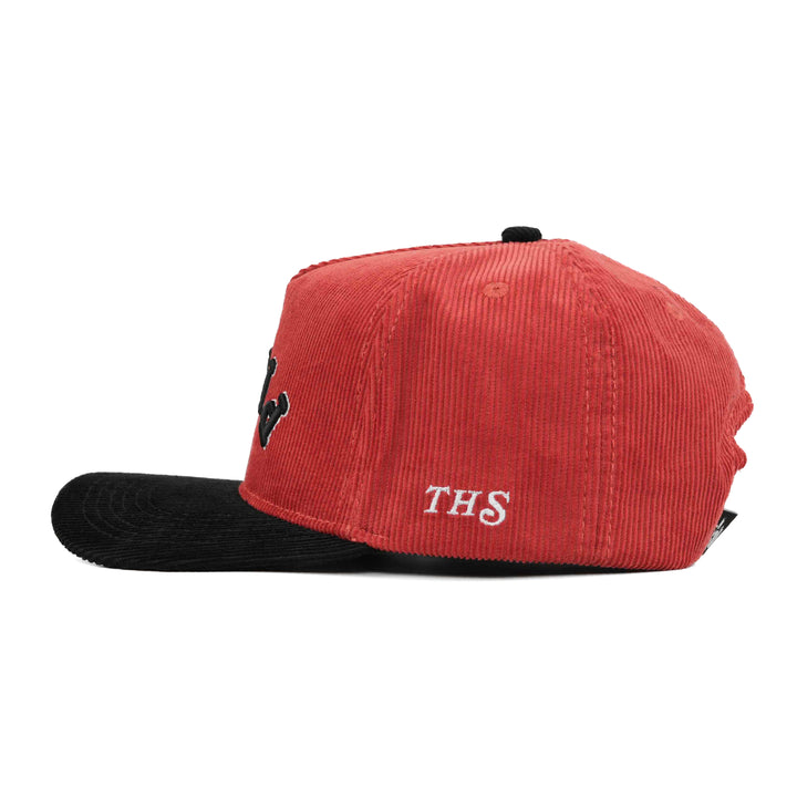 pizza upside down snapback hat red corduroy with THS logo on the side
