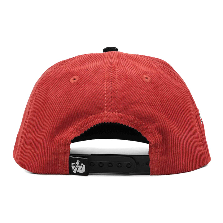 red corduroy snapback hat with the hungry sloth label on the back