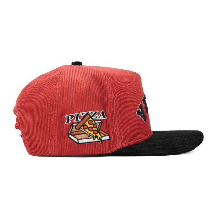 pizza upside down snapback hat red corduroy with embroidered pizza slice side patch