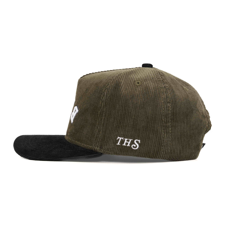 beer upside down corduroy snapback hat with THS logo on the side