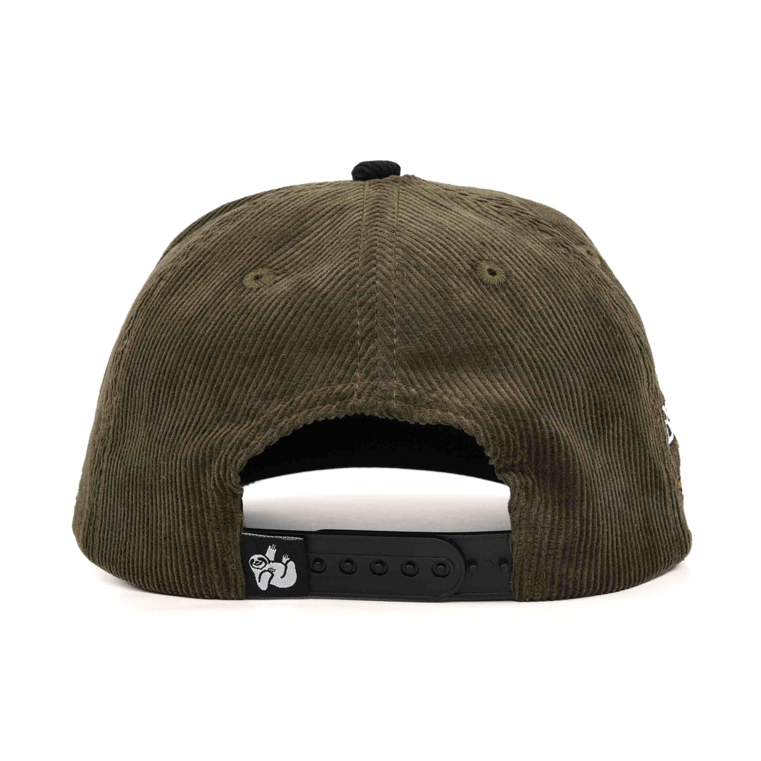 brown corduroy snapback hat with the hungry sloth label on the back
