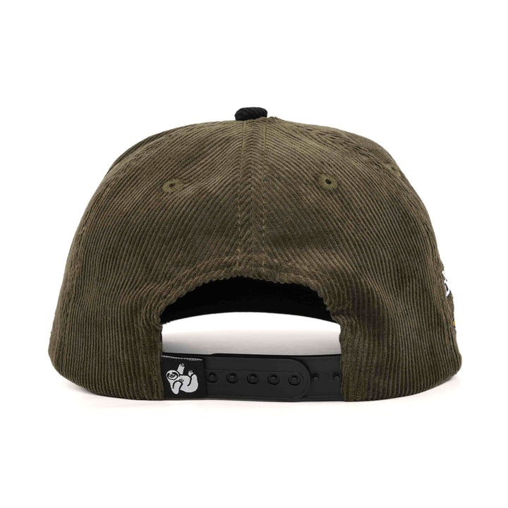 brown corduroy snapback hat with the hungry sloth label on the back