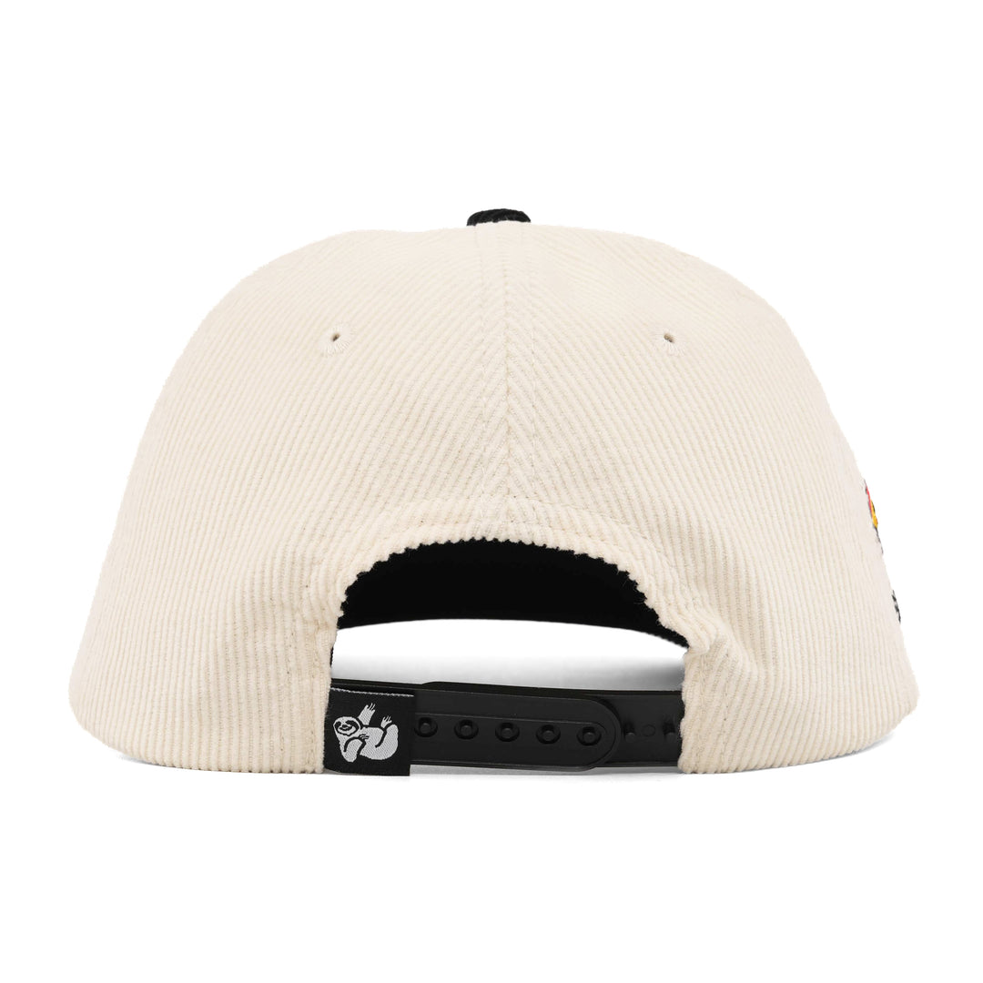 off-white corduroy snapback hat with the hungry sloth label on the back