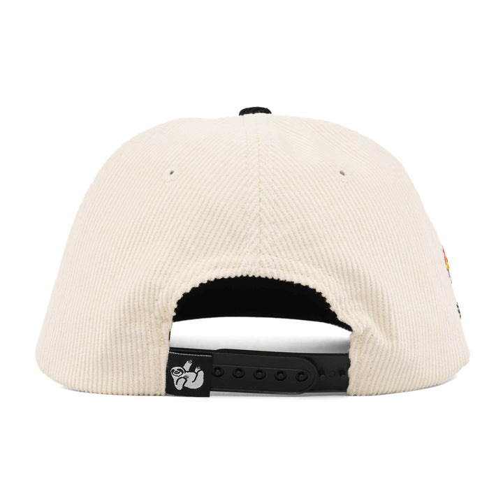 off-white corduroy snapback hat with the hungry sloth label on the back