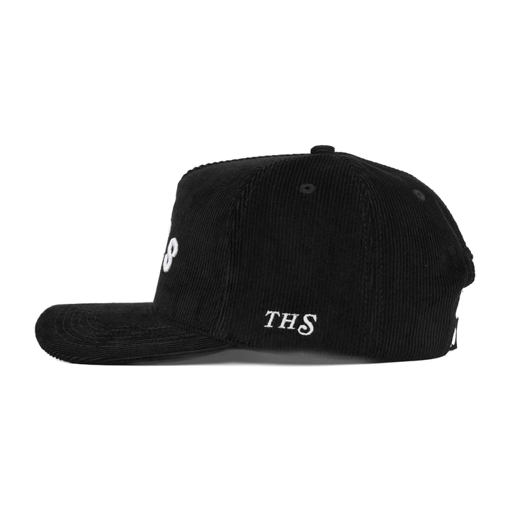 soju upside down snapback hat corduroy with THS logo on the side