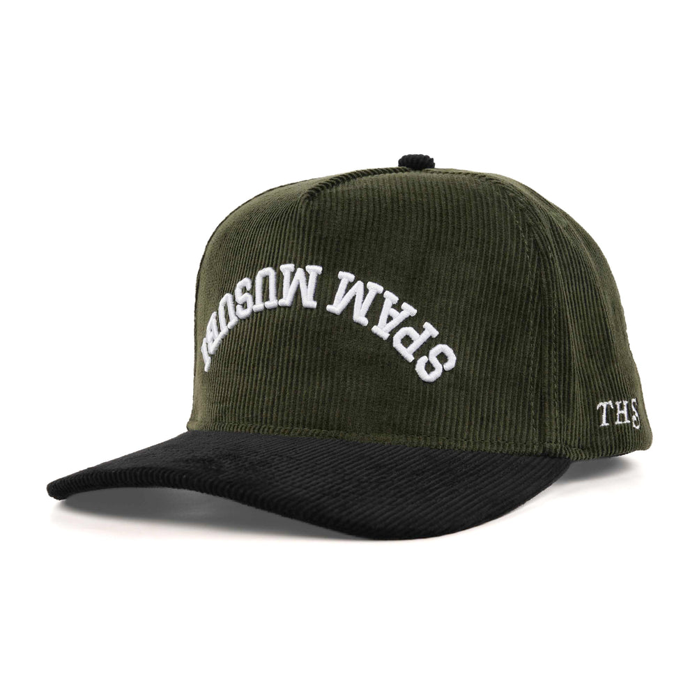 spam musubi upside down snapback hat olive green and black corduroy