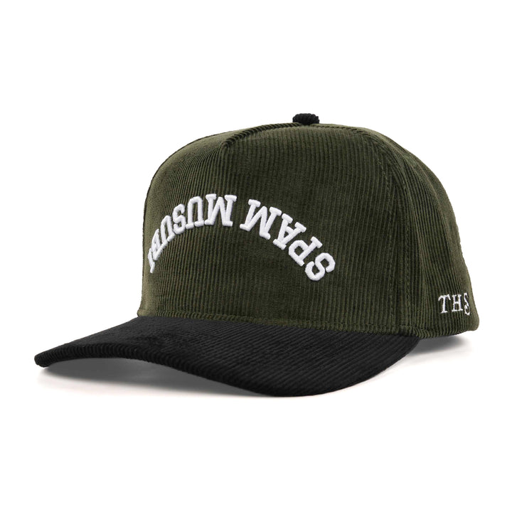 spam musubi upside down snapback hat olive green and black corduroy