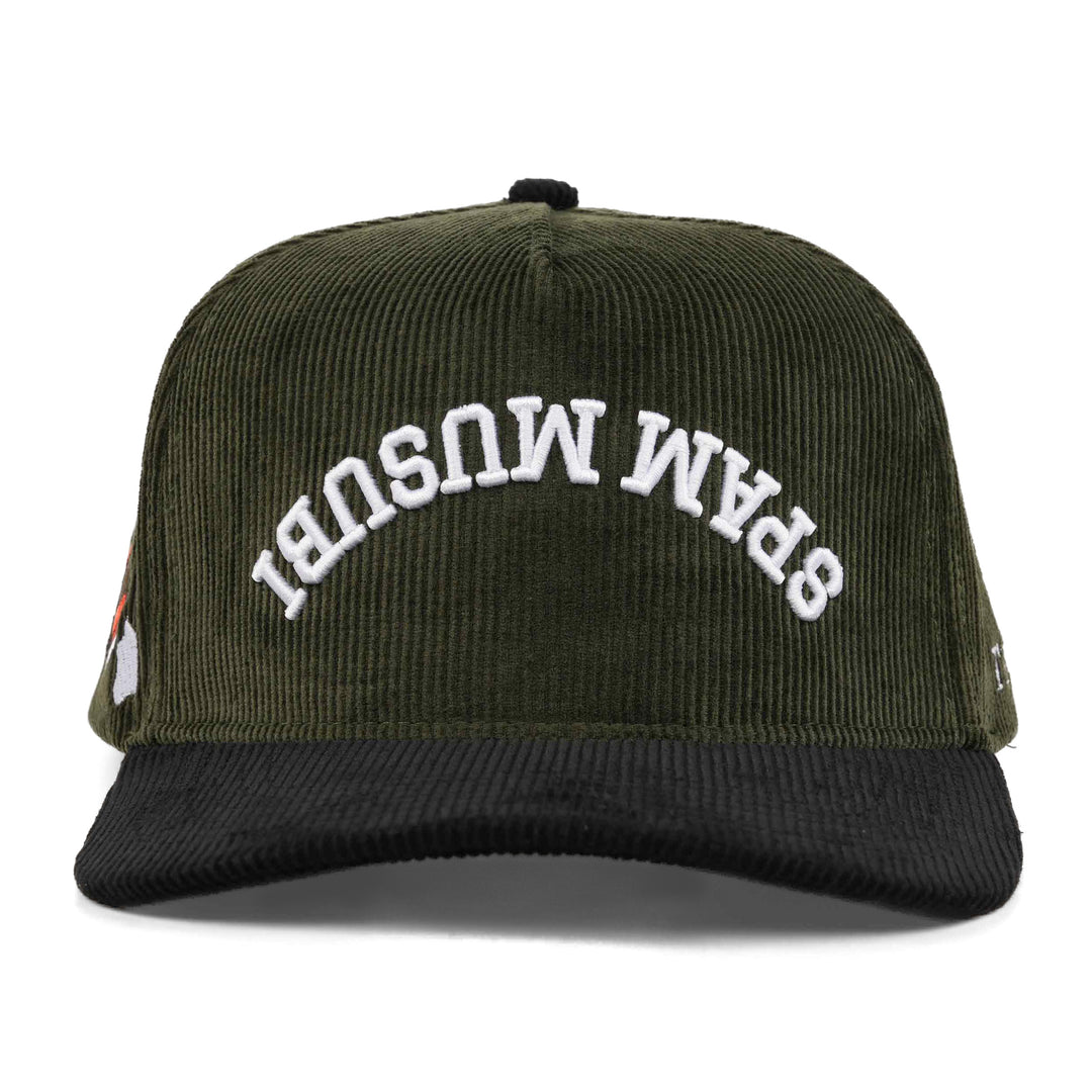 spam musubi upside down snapback hat olive green and black corduroy