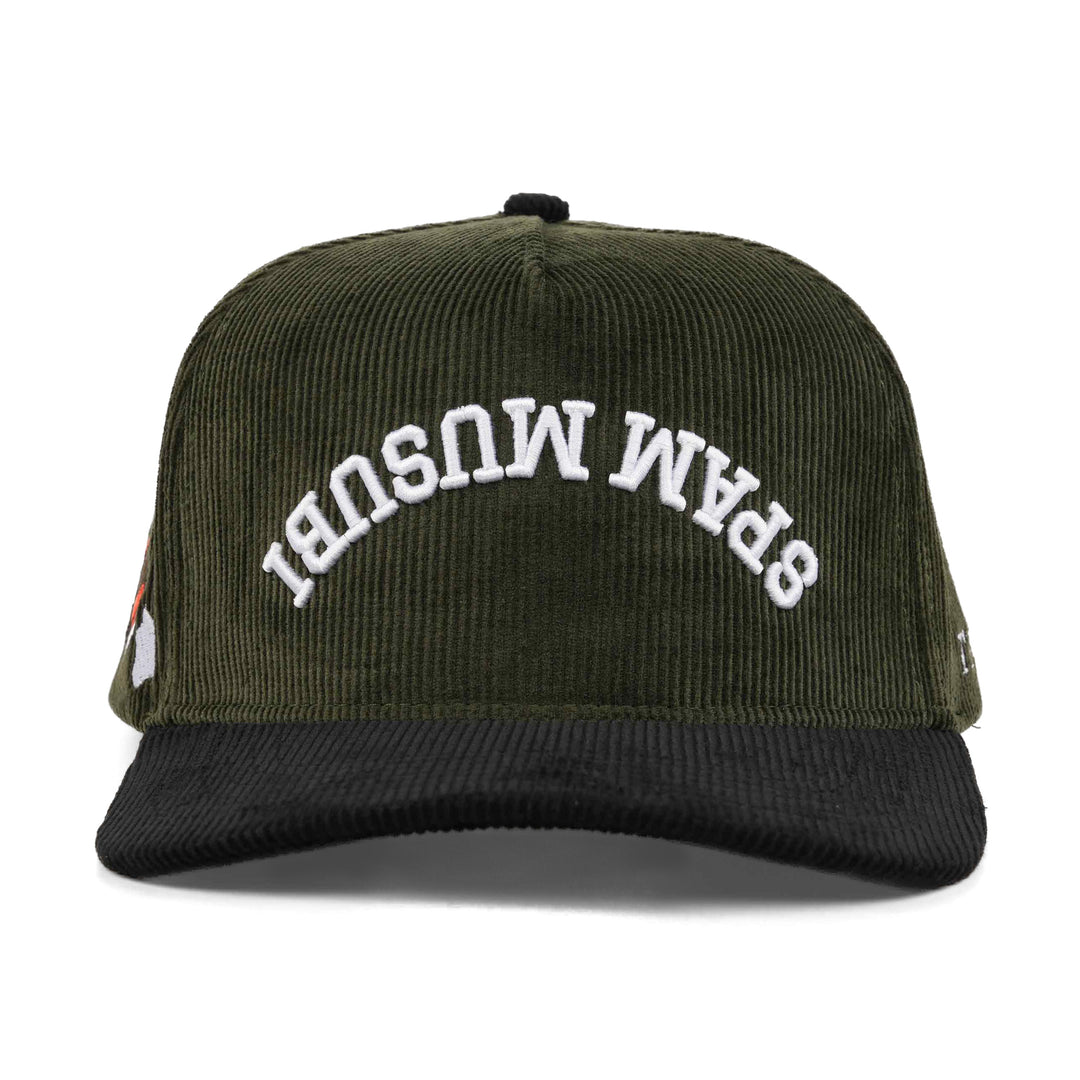 spam musubi upside down snapback hat olive green and black corduroy