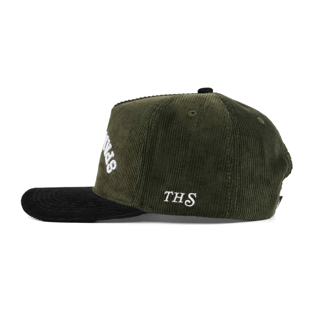 spam musubi upside down snapback hat olive green and black corduroy with THS branding on the side