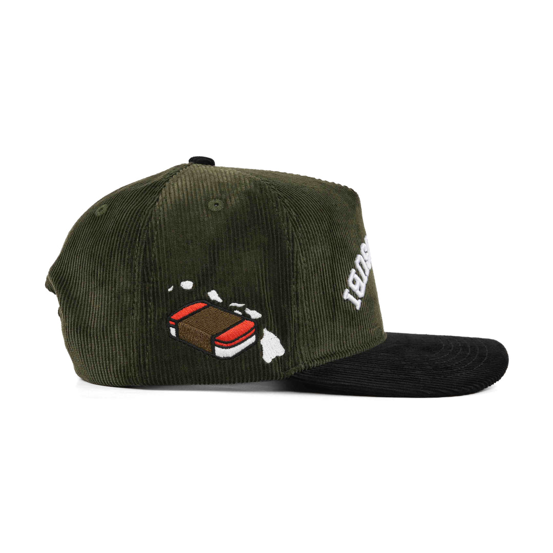 spam musubi snapback hat olive green and black corduroy