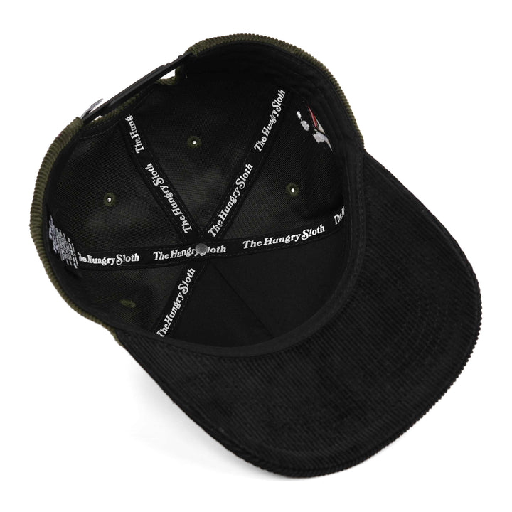 black and olive green snapback hat with the hungry sloth branding underneath