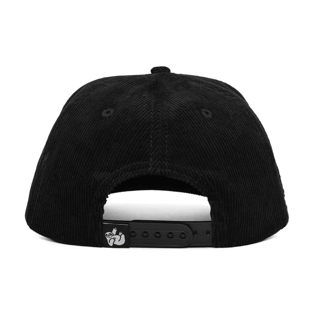 black corduroy snapback hat with the hungry sloth label on the back
