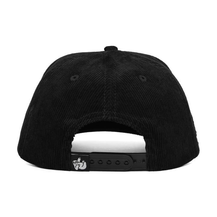 black corduroy snapback hat with the hungry sloth label on the back